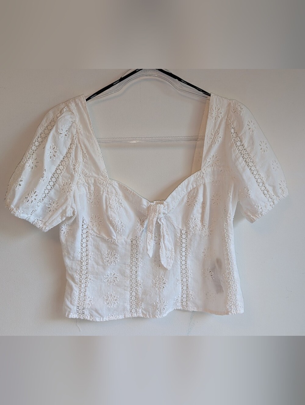 Milkmaid White Eyelet Tie-Front Puff Sleeve Top 100% Cotton